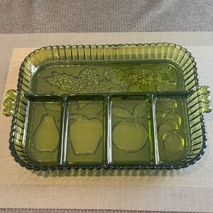Vintage Indiana Glass Green Divided Relish Tray Fruit Pattern MCM